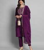 Wine Slub Cotton Fabric Straight Kurta, Pant and Dupatta Set