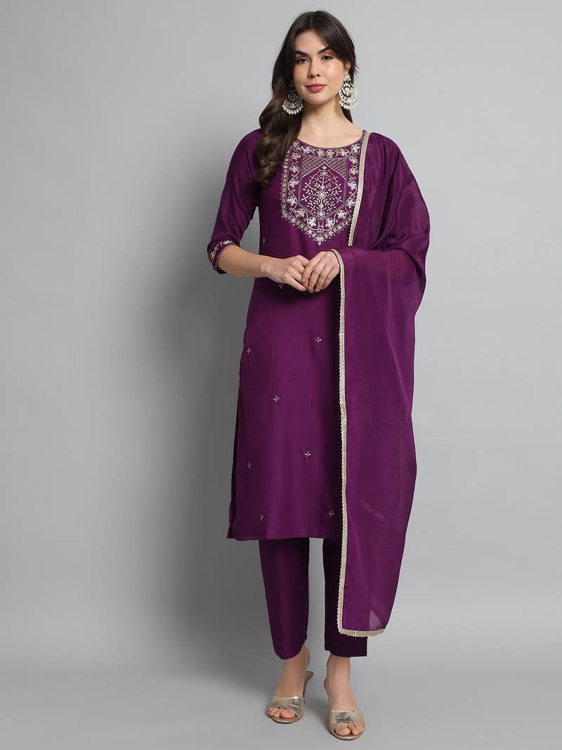 Wine Slub Cotton Fabric Straight Kurta, Pant and Dupatta Set