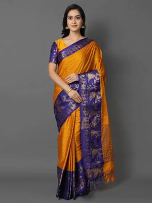 Gold Jacquard Cotton Silk Woven Saree With Blouse Piece 1