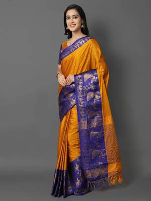 Gold Jacquard Cotton Silk Woven Saree With Blouse Piece 3