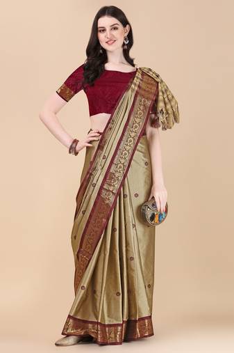 Beige Jacquard Soft Aura Silk Woven Saree With Silk Blouse Piece