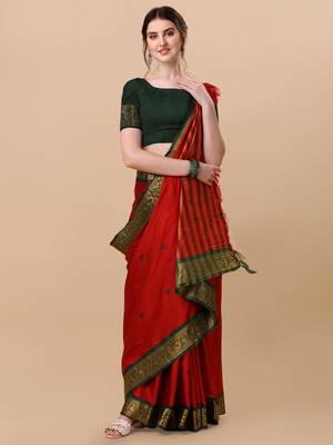Red Jacquard Pure Soft  Aura Silk Woven Saree With Silk Blouse Piece 1