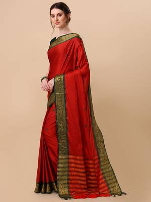 Red Jacquard Pure Soft  Aura Silk Woven Saree With Silk Blouse Piece 3