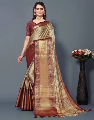 Beige Maroon Jacquard Soft Aura Silk Woven Saree With Silk Blouse Piece 1