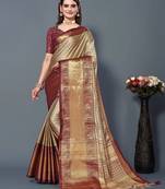 Beige Maroon Jacquard Soft Aura Silk Woven Saree With Silk Blouse Piece