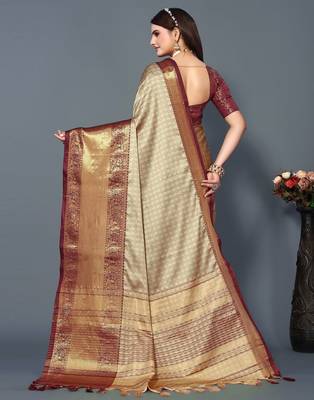 Beige Maroon Jacquard Soft Aura Silk Woven Saree With Silk Blouse Piece 2