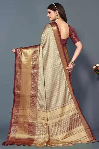 Beige Maroon Jacquard Soft Aura Silk Woven Saree With Silk Blouse Piece