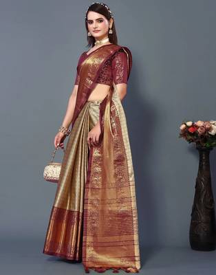 Beige Maroon Jacquard Soft Aura Silk Woven Saree With Silk Blouse Piece 3