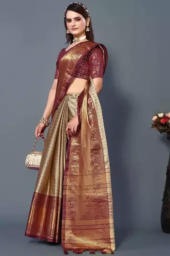 Beige Maroon Jacquard Soft Aura Silk Woven Saree With Silk Blouse Piece