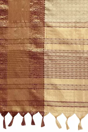 Beige Maroon Jacquard Soft Aura Silk Woven Saree With Silk Blouse Piece