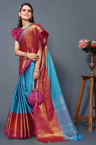 Turqunoise Jacquard Soft Aura Silk Woven Saree With Silk Blouse Piece
