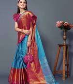 Turqunoise Jacquard Soft Aura Silk Woven Saree With Silk Blouse Piece