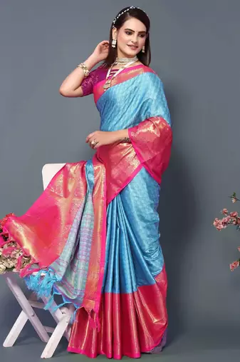 Turqunoise Pink Jacquard Soft Aura Silk Woven Saree With Silk Blouse Piece