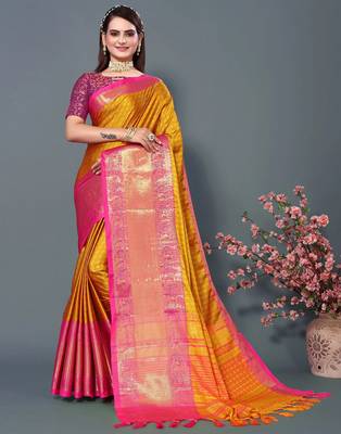 Gold Jacquard Soft Aura Silk Woven Saree With Silk Blouse Piece 1