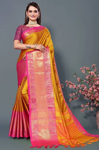 Gold Jacquard Soft Aura Silk Woven Saree With Silk Blouse Piece