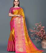 Gold Jacquard Soft Aura Silk Woven Saree With Silk Blouse Piece