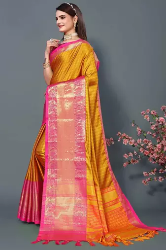 Gold Jacquard Soft Aura Silk Woven Saree With Silk Blouse Piece
