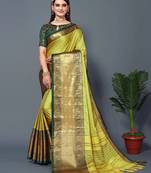 Lemon Bgreen Jacquard Soft Aura Silk Woven Saree With Silk Blouse Piece