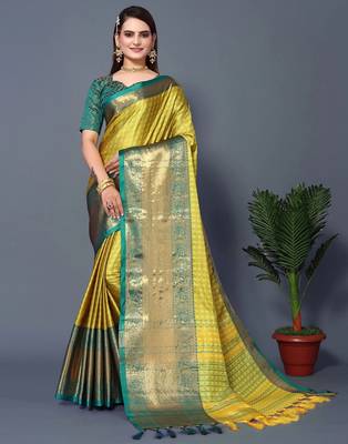 Lemon Rama Jacquard Soft Aura Silk Woven Saree With Silk Blouse Piece 1