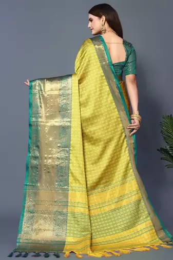 Lemon Rama Jacquard Soft Aura Silk Woven Saree With Silk Blouse Piece