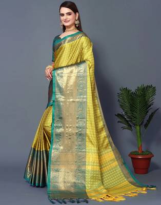 Lemon Rama Jacquard Soft Aura Silk Woven Saree With Silk Blouse Piece 3