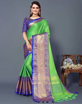Parrot Blue Jacquard Soft Aura Silk Woven Saree With Silk Blouse Piece 1