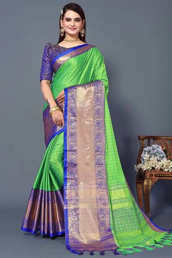 Parrot Blue Jacquard Soft Aura Silk Woven Saree With Silk Blouse Piece