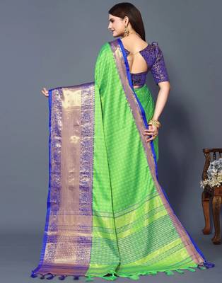 Parrot Blue Jacquard Soft Aura Silk Woven Saree With Silk Blouse Piece 2