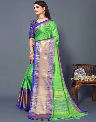 Parrot Blue Jacquard Soft Aura Silk Woven Saree With Silk Blouse Piece 3