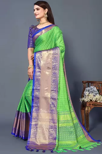 Parrot Blue Jacquard Soft Aura Silk Woven Saree With Silk Blouse Piece