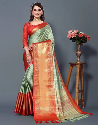 Pista Red Jacquard Soft Aura Silk Woven Saree With Silk Blouse Piece 1