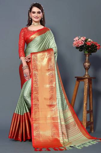 Pista Red Jacquard Soft Aura Silk Woven Saree With Silk Blouse Piece