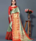 Pista Red Jacquard Soft Aura Silk Woven Saree With Silk Blouse Piece