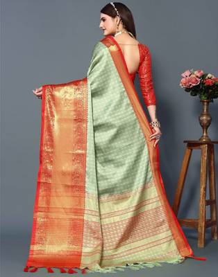 Pista Red Jacquard Soft Aura Silk Woven Saree With Silk Blouse Piece 2
