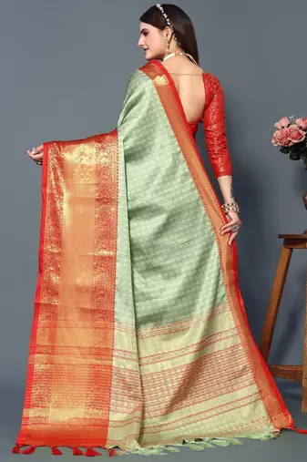 Pista Red Jacquard Soft Aura Silk Woven Saree With Silk Blouse Piece