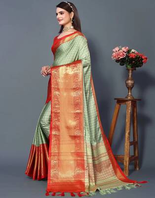 Pista Red Jacquard Soft Aura Silk Woven Saree With Silk Blouse Piece 3