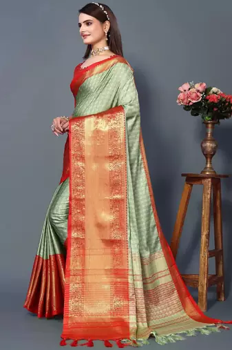 Pista Red Jacquard Soft Aura Silk Woven Saree With Silk Blouse Piece