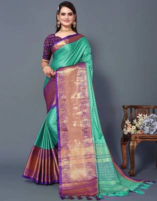 Rexona Purple Jacquard Soft Aura Silk Woven Saree With Silk Blouse Piece 1