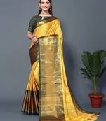 Yellow Bgreen Jacquard Soft Aura Silk Woven Saree With Silk Blouse Piece