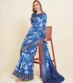 Blue Digital Printed Zari Border Silk Blend  Bollywood Partywear Saree