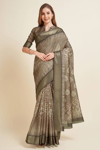 Cofee Digital Printed Zari Border Silk Blend  Bollywood Partywear Saree