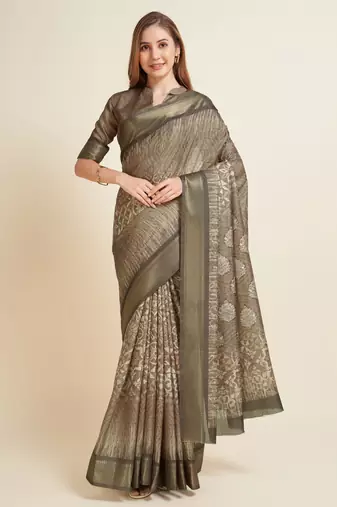 Cofee Digital Printed Zari Border Silk Blend  Bollywood Partywear Saree