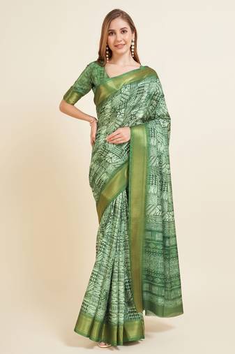 Green Digital Printed Zari Border Silk Blend  Bollywood Partywear Saree