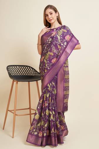 Purple Digital Printed Zari Border Silk Blend  Bollywood Partywear Saree