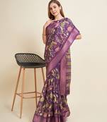 Purple Digital Printed Zari Border Silk Blend  Bollywood Partywear Saree