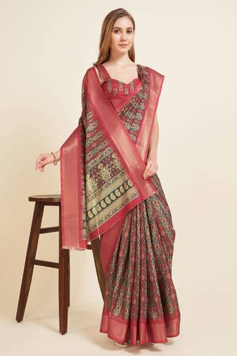 Red Digital Printed Zari Border Silk Blend  Bollywood Partywear Saree