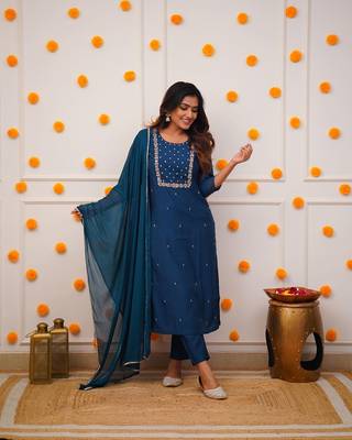 turquoise Rayon Slub Fabric Embroidered work Straight cut Kurta Pant and Dupatta Set 1