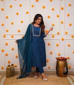 turquoise Rayon Slub Fabric Embroidered work Straight cut Kurta, Pant and Dupatta Set