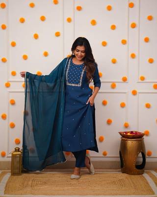 turquoise Rayon Slub Fabric Embroidered work Straight cut Kurta Pant and Dupatta Set 3
