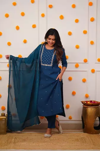 turquoise Rayon Slub Fabric Embroidered work Straight cut Kurta Pant and Dupatta Set